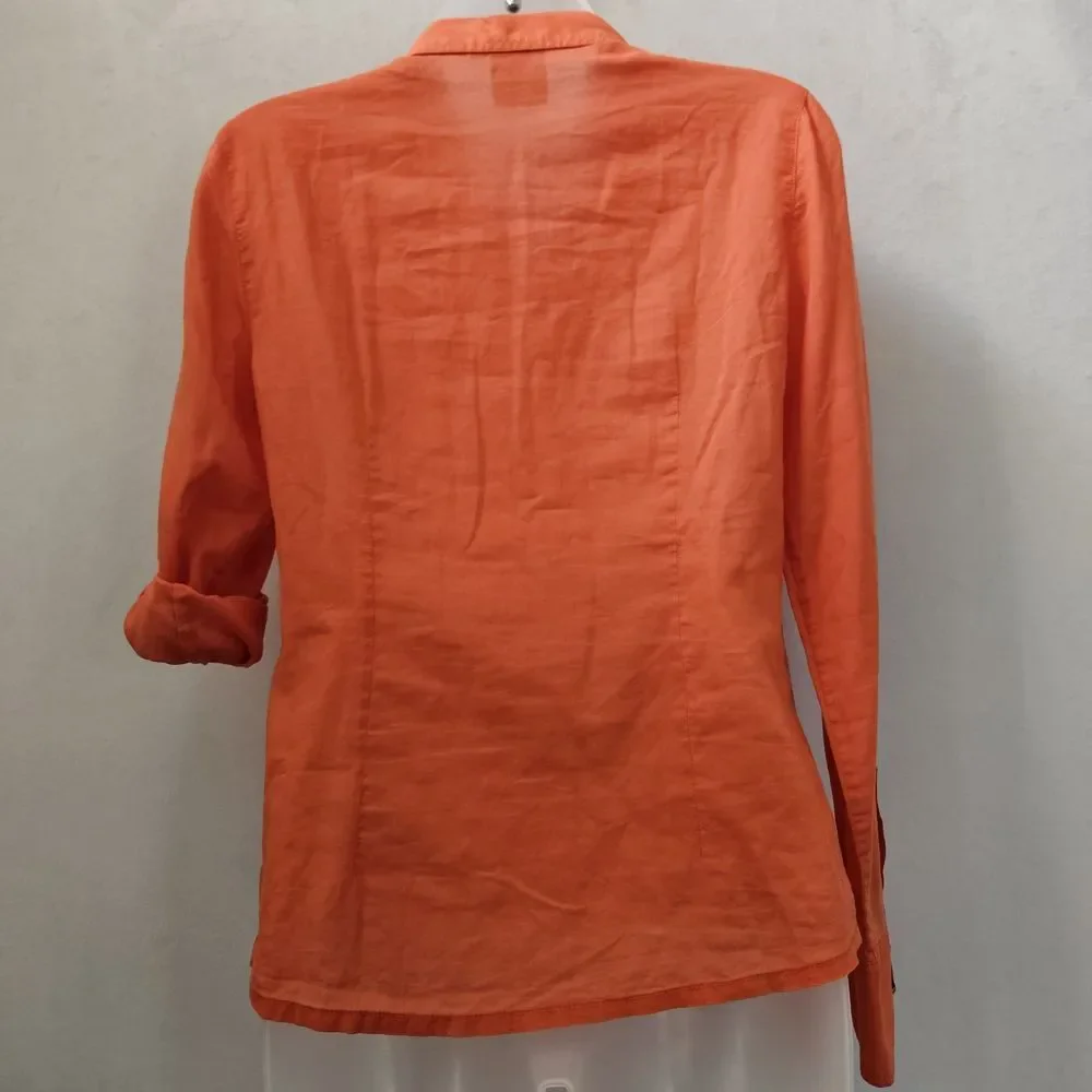 Tory Burch Top Womens 4 Gold Buttons Up Tangerine Red Orange Cotton Preppy Shirt